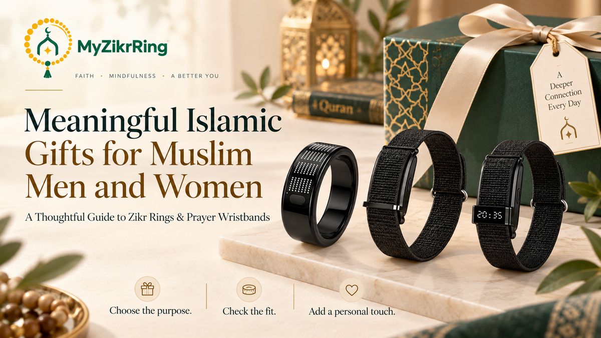 Meaningful Islamic gifts for Muslim men and women: MyZikrRing Zikr ring and prayer wristbands beside a gift box.
