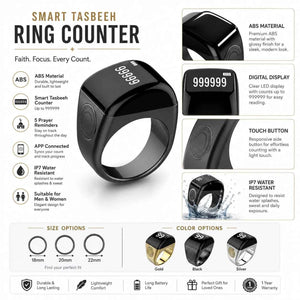 Zinc Alloy Smart Tasbeeh Ring QB702 | App Zikr Counter & Prayer Reminder