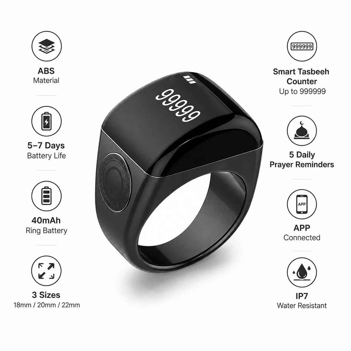 Zinc Alloy Smart Tasbeeh Ring QB702 | App Zikr Counter & Prayer Reminder