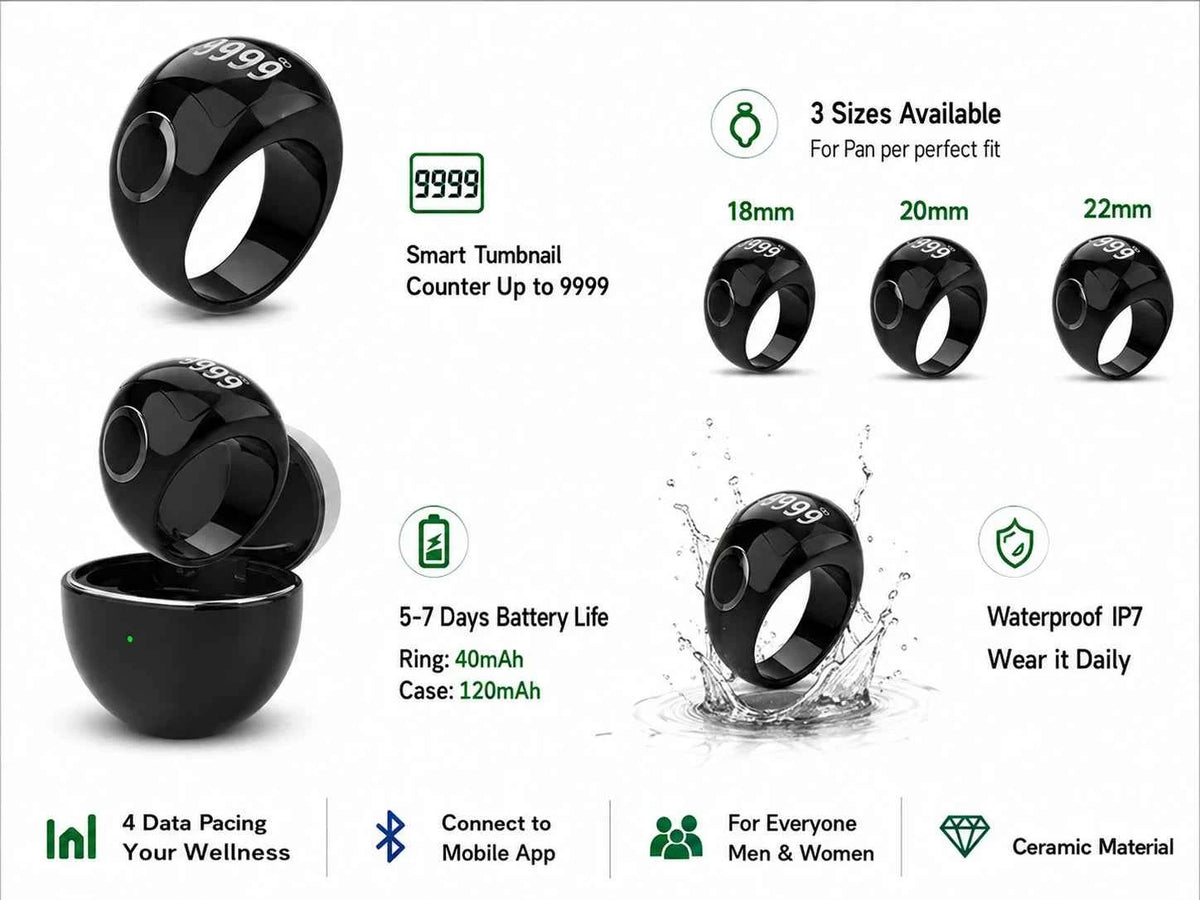 Ceramic Tasbeeh Ring QB709 | Smart Zikr Counter & Prayer Reminder