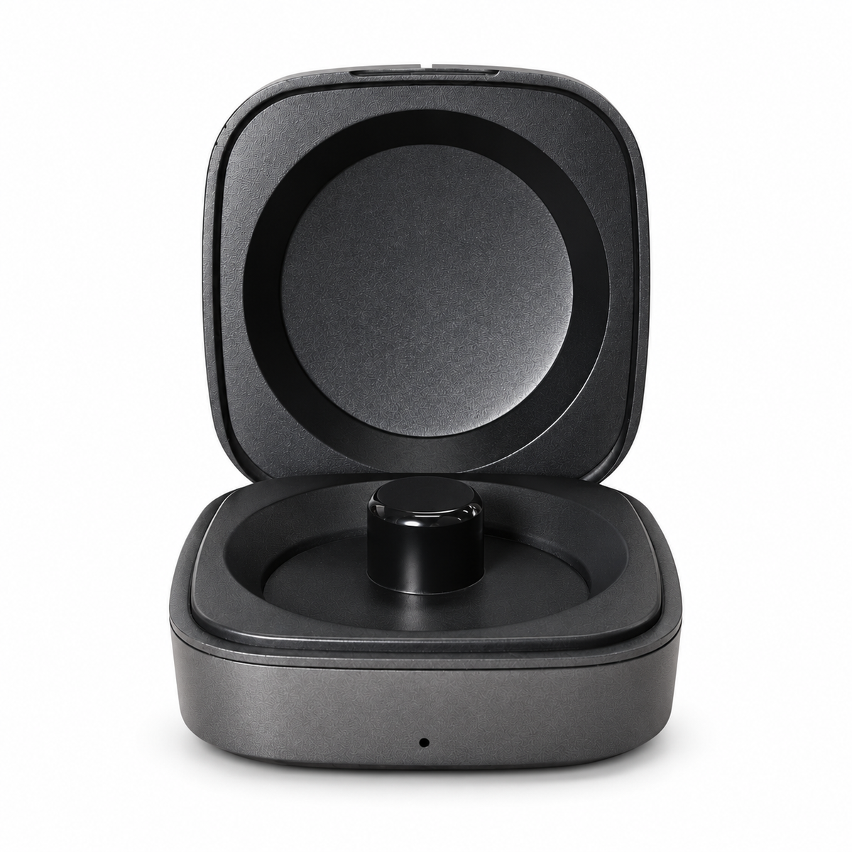 Open MyZikrRing charging case on a white background, without a ring
